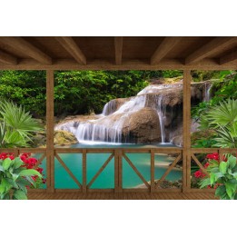 Papier peint photo paysage trompe l'œil 3D - Chute d'eau devant le balcon en bois - Extension d'espace