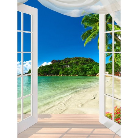 Paysage tropical trompe l'œil 3D format vertical (portrait) - Porte fenêtre vers la plage - Extension d'espace
