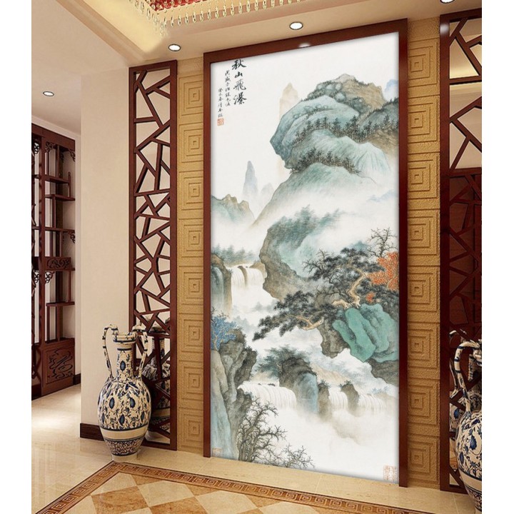 Peinture chinoise format portrait (vertical) paysage asiatique - Chute d'eau dans la montagne en automne