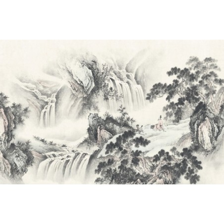 Peinture asiatique zen aspect ancien paysage en noir et blanc - Enseigner la musique devant la grande chute d'eau
