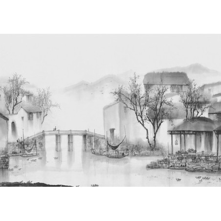 Peinture asiatique zen paysage en noir et blanc - Pont sur le canal dans le village de pêcheur