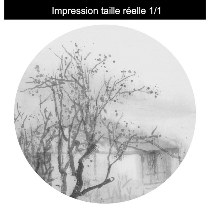 Peinture asiatique zen paysage en noir et blanc - Pont sur le canal dans le village de pêcheur