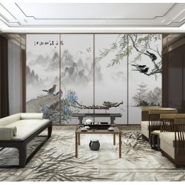 Peinture asiatique zen paysage  de printemps - Le saul pleureur, les fleurs et les oiseaux