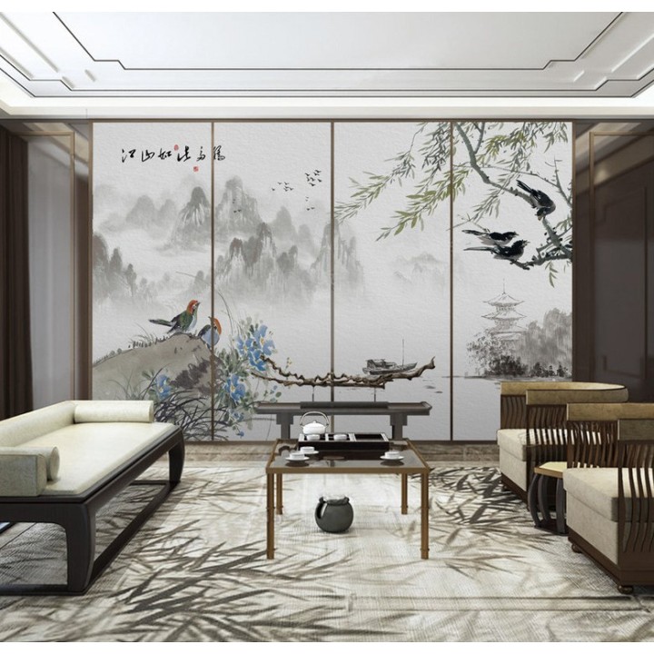 Peinture asiatique zen paysage  de printemps - Le saul pleureur, les fleurs et les oiseaux