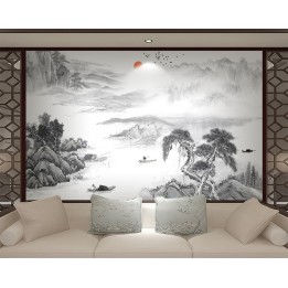 Peinture asiatique zen paysage en noir et blanc - Les pêcheurs sur la rivière dans la montagne