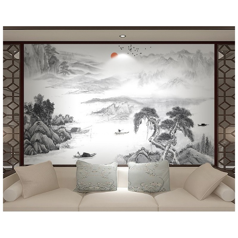 Peinture asiatique zen paysage en noir et blanc - Les pêcheurs sur la rivière dans la montagne