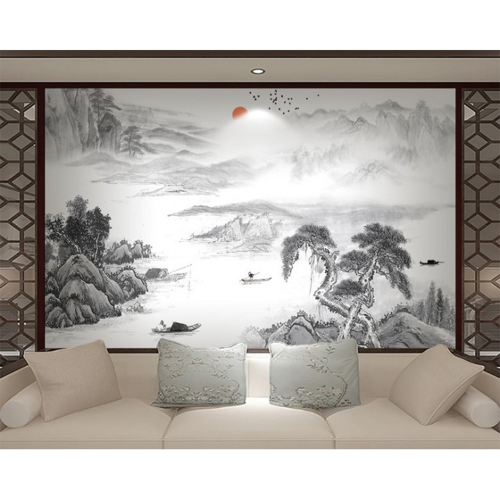 Peinture asiatique zen paysage en noir et blanc - Les pêcheurs sur la rivière dans la montagne
