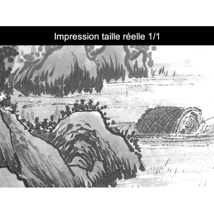 Peinture asiatique zen paysage en noir et blanc - Les pêcheurs sur la rivière dans la montagne