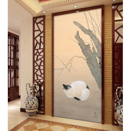 Peinture asiatique format portrait (vertical) - Le chat noir et blanc sous l'arbre de mei