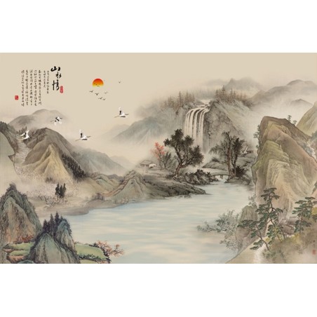 Peinture asiatique paysage zen - Chute d'eau et la rivière dans la montagne