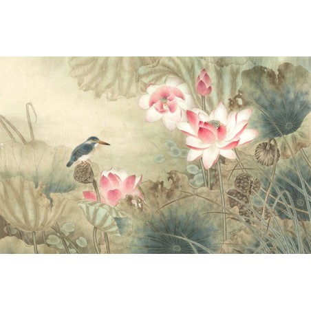 Peinture asiatique fleurs et oiseaux aspect ancien - Les lotus roses et les oiseaux