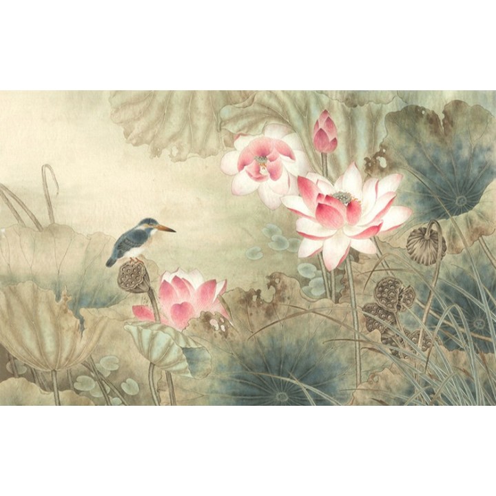 Peinture asiatique fleurs et oiseaux aspect ancien - Les lotus roses et les oiseaux
