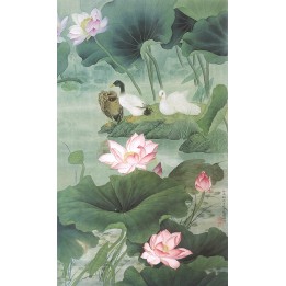 Peinture asiatique fleurs et oiseaux format portrait (vertical) - Les lotus roses et les canards dans l'étang