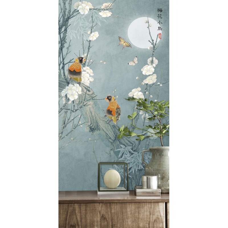 Peinture asiatique fleurs et oiseaux format portrait (vertical) - Les perroquets sur l'arbre de mei