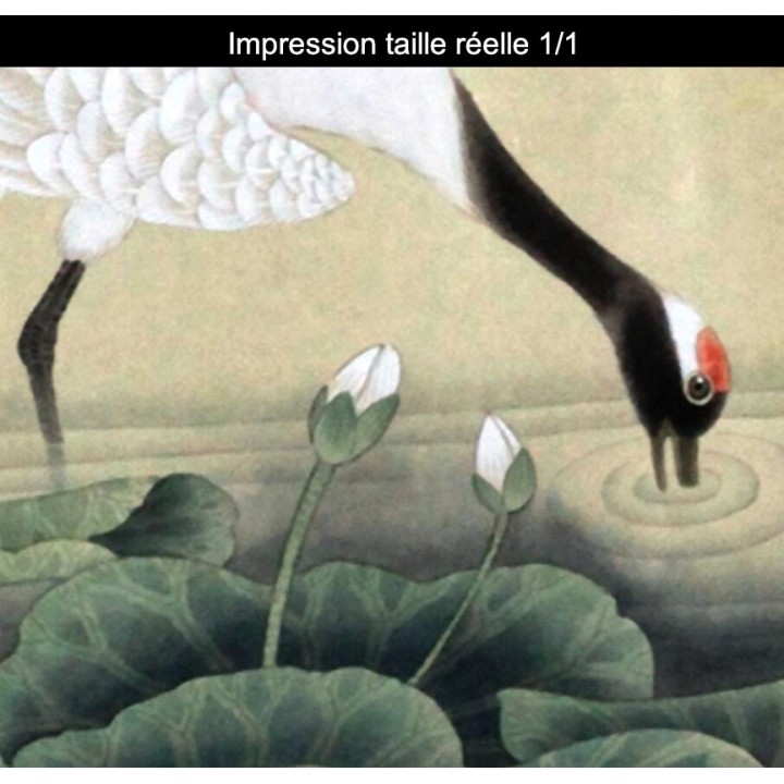Peinture asiatique format portrait - Les lotus dans l'étang avec les canards