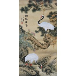 Peinture asiatique ancienne format portrait (vertical) - Les grues dans la vallée