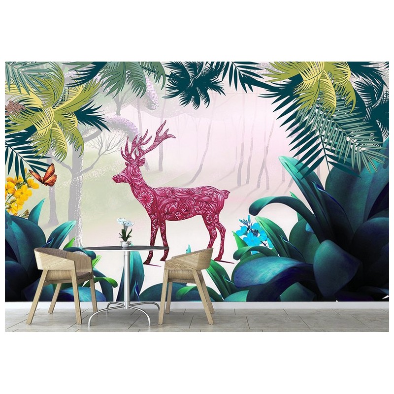 Papier peint paysage féerique pour enfant motif dessiné à la main - Le cerf dans la forêt