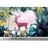 Papier peint paysage féerique pour enfant motif dessiné à la main - Le cerf dans la forêt
