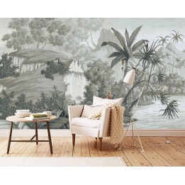Papier peint tropical issu d'un tableau de peinture classique  - Chute d'eau au bord du lac ton gris