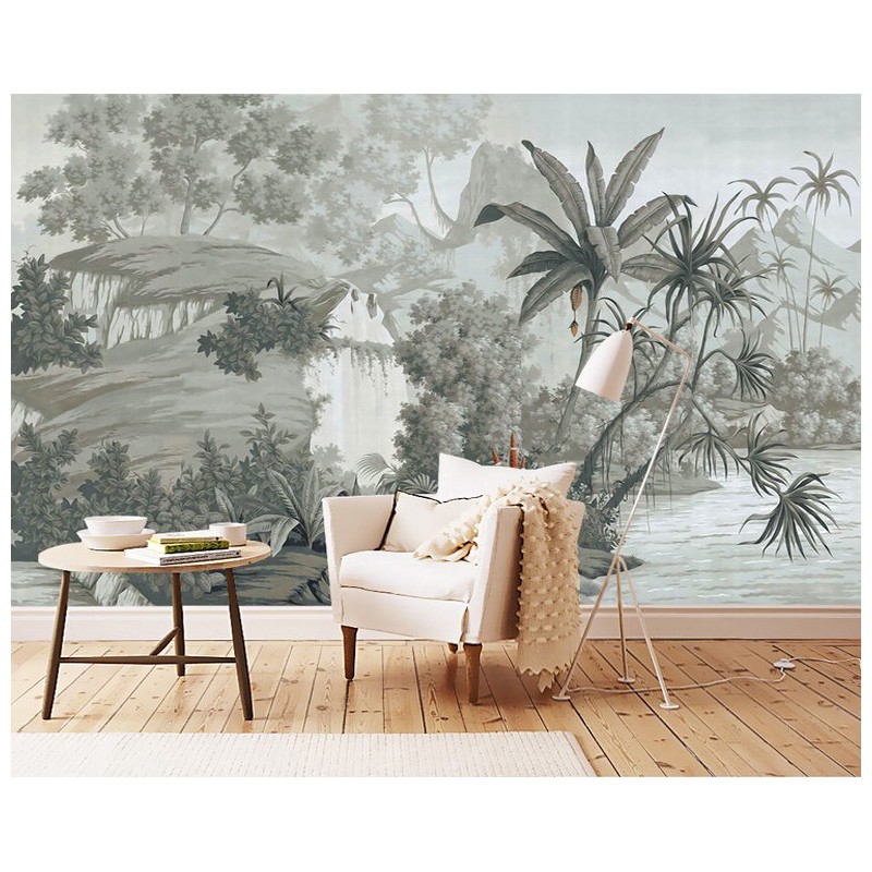 Papier peint tropical issu d'un tableau de peinture classique  - Chute d'eau au bord du lac ton gris