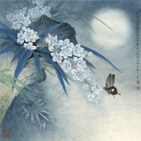 Peinture chinoise ancienne - Les orchidées avec le papillon dans la nuit