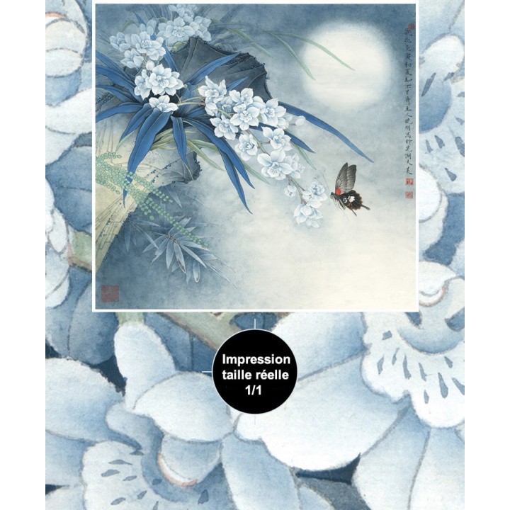 Peinture chinoise ancienne - Les orchidées avec le papillon dans la nuit