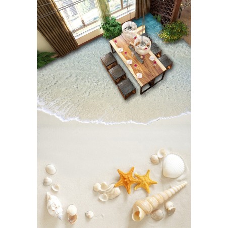 Revêtement de sol salle de bain trompe l'œil 3D - Les coquillages sur le sable blanc
