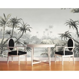 Papier peint tropical issu d'un tableau d'artiste - Les arbres de la jungle, niveaux de gris