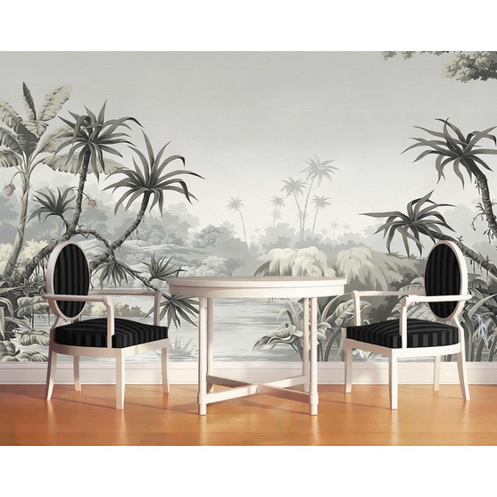 Papier peint tropical issu d'un tableau d'artiste - Les arbres de la jungle, niveaux de gris