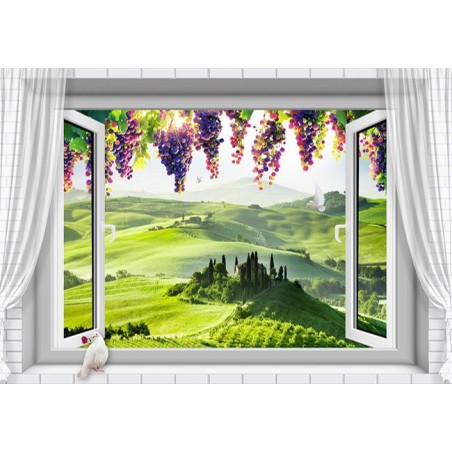 Papier peint photo paysage trompe l'œil 3D - Le champ de vigne et les grappes de raisin devant la fenêtre