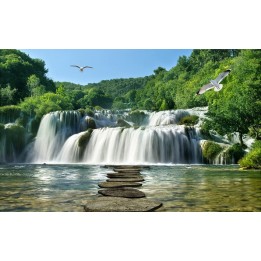 Papier peint photo paysage trompe l'œil 3D - Passage en pierre vers la grande chute d'eau - Extension d'espace