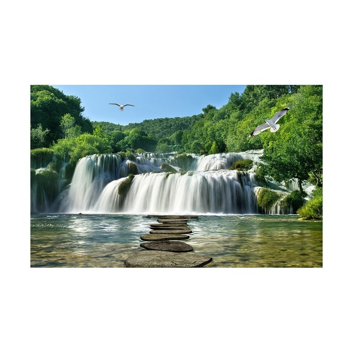 Papier peint photo paysage trompe l'œil 3D - Passage en pierre vers la grande chute d'eau - Extension d'espace