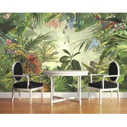 Tapisserie tropicale issue d'un tableau d'artiste - Le tigre, le singe et le perroquet dans la jungle