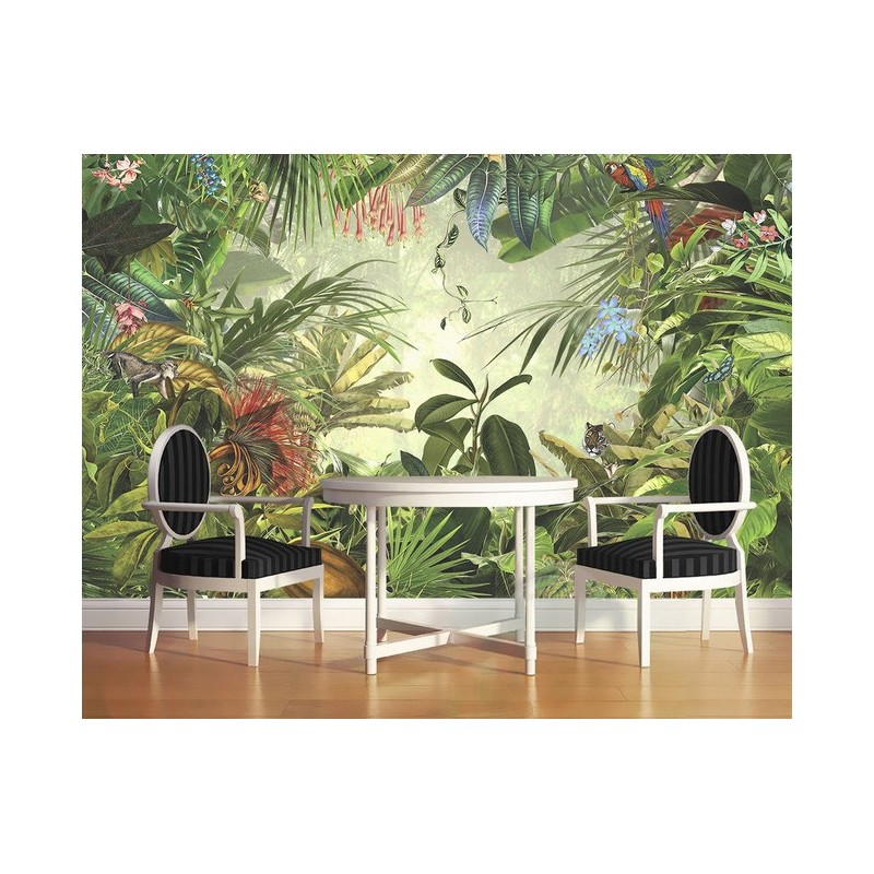 Tapisserie tropicale issue d'un tableau d'artiste - Le tigre, le singe et le perroquet dans la jungle