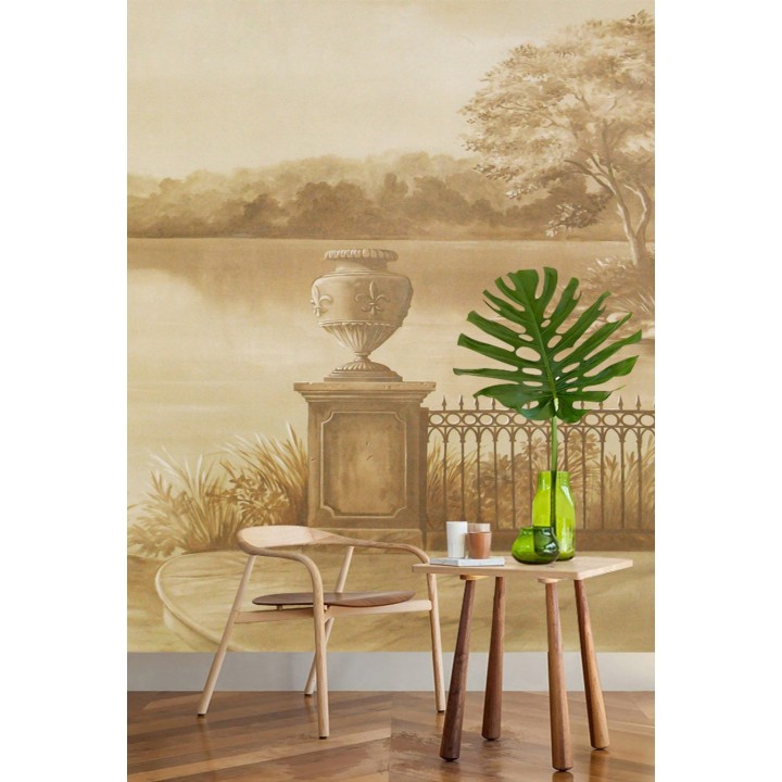 Papier peint d'artiste issu d'un tableau paysage - Balcon au bord du lac, effet sépia