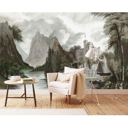 Papier peint d'artiste - Château au bord de l'eau, effet grisaille