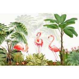 Tapisserie tropiale plantes et oiseaux - Les flamants roses dans le buisson