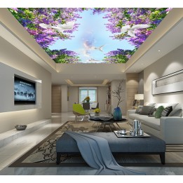 Décor plafond paysage - Les fleurs violettes et les oiseaux dans le ciel bleu