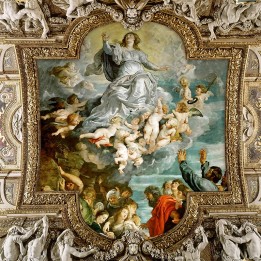 Décor plafond style ancien papier peint fresque - Tableau d'artiste avec cadre sculpté