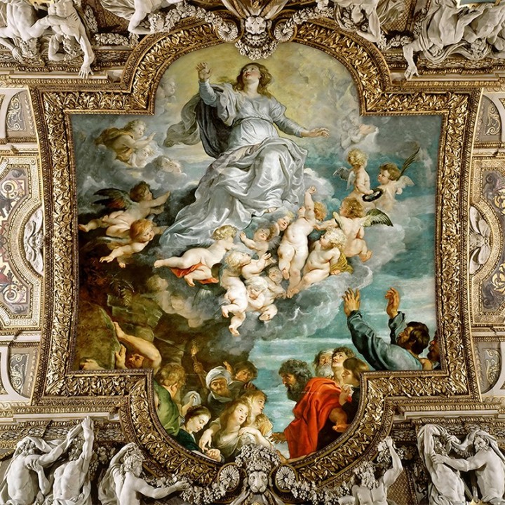 Décor plafond style ancien papier peint fresque - Tableau d'artiste avec cadre sculpté