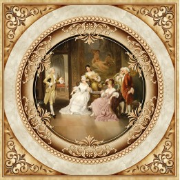 Décor plafond style ancien - Papier peint ou plafond tendu lumineux, motif en forme ronde avec cadre ornementé