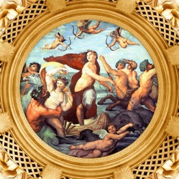 Décor plafond style ancien - Papier peint fresque ou plafond tendu lumineux, motif en forme rounde avec cadre doré