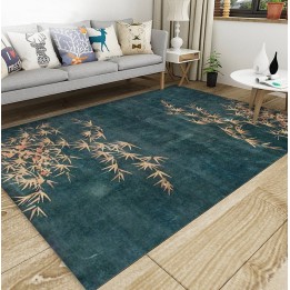 Tapis sol asiatique zen - Les bambous et les fleurs de mei sur fond vert foncé