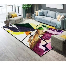 Tapis sol art moderne motif abstrait multicouleur : rose, jaune, vert, marron, bleu pétrole