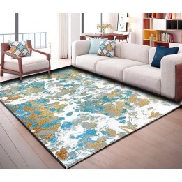 Tapis sol art moderne motif abstrait tricolore : bleu, blanc, doré