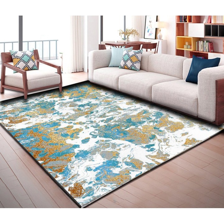 Tapis sol art moderne motif abstrait tricolore : bleu, blanc, doré