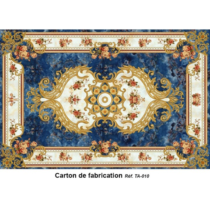 Tapis sol motif traditionnel - Les fleurs et les traits dorés sur fond bleu marine