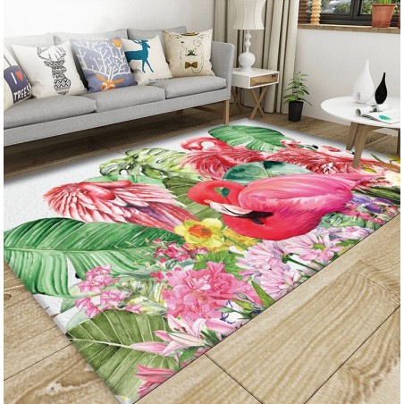 Tapis sol tropical art moderne - Flamant rose, les fleurs et les feuilles de bananier