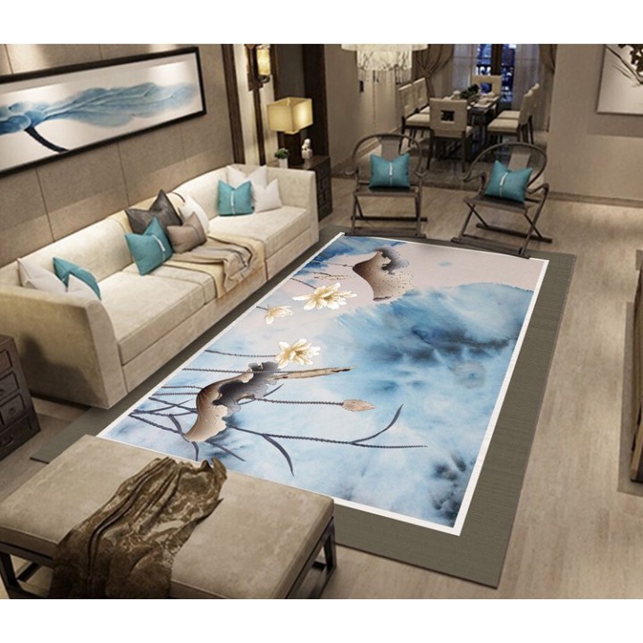 Tapis sol art asiatique ambiance zen - Lotus blancs sur fond beige et bleu