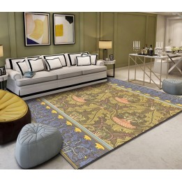 Tapis sol floral - Les fleurs sauvages sur fond jaune curry et bleu gris